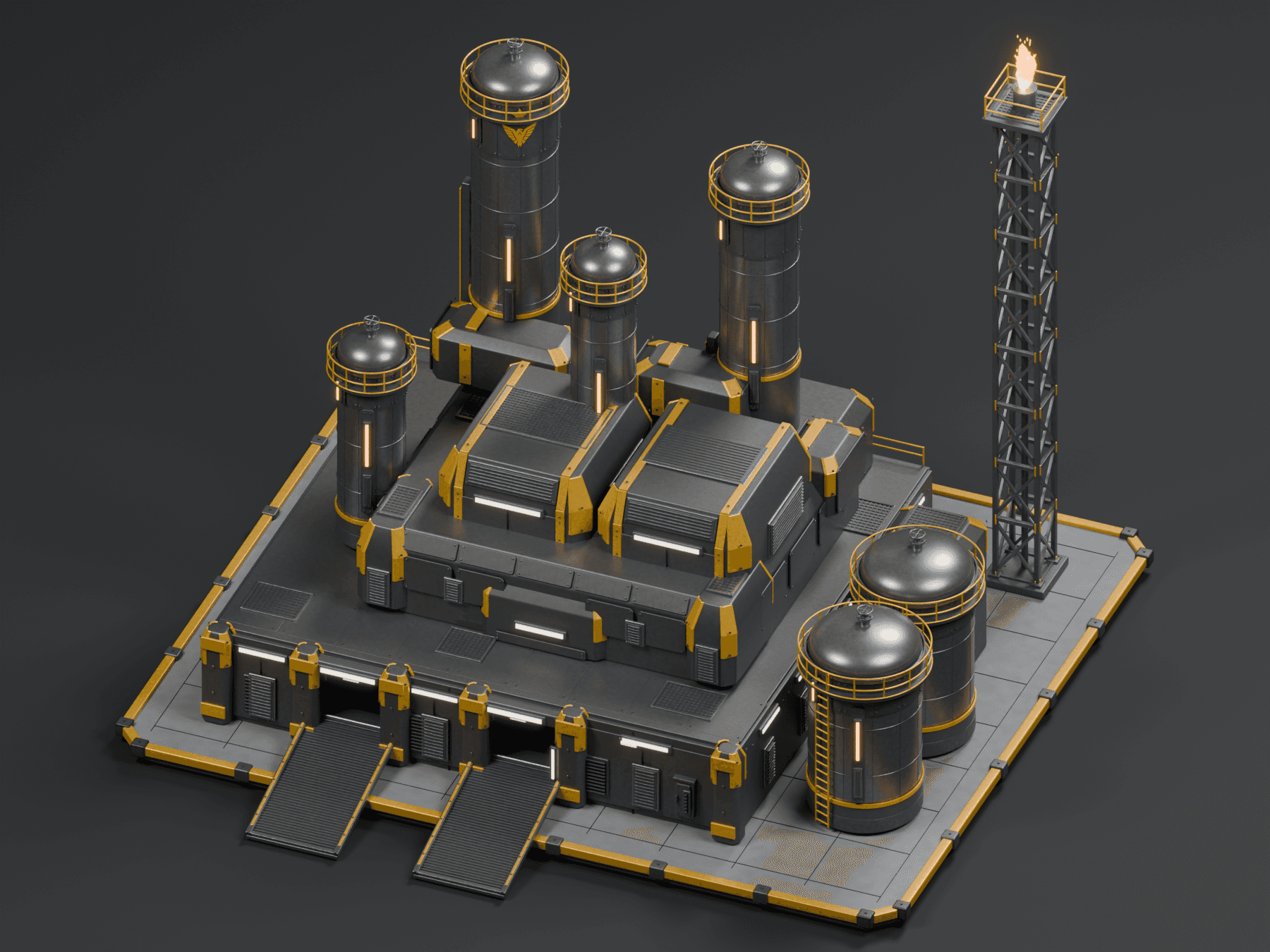 CrudeWar refining complex, with industrial towers and pipelines